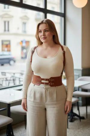 Tan Faux Leather Waist Cincher Harness with Double Buckles and Shoulder Straps