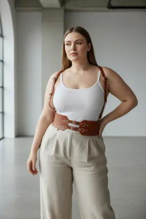 Tan Faux Leather Waist Cincher Harness with Double Buckles and Shoulder Straps