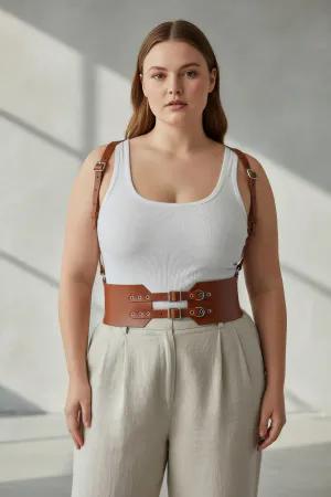 Tan Faux Leather Waist Cincher Harness with Double Buckles and Shoulder Straps