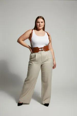 Tan Faux Leather Waist Cincher Harness with Double Buckles and Shoulder Straps