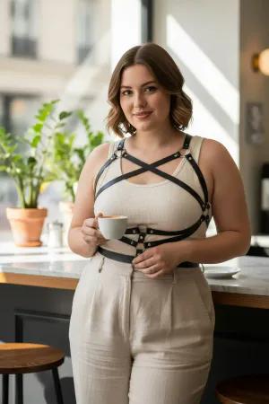 Black Faux Leather Crisscross Body Harness Women Adjustable Waist