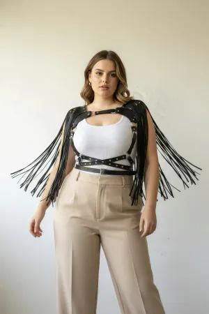 Black Studded Faux Leather Chest Harness with Shoulder Fringe