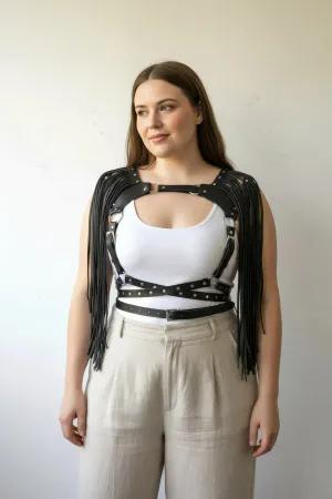 Black Studded Faux Leather Chest Harness with Shoulder Fringe