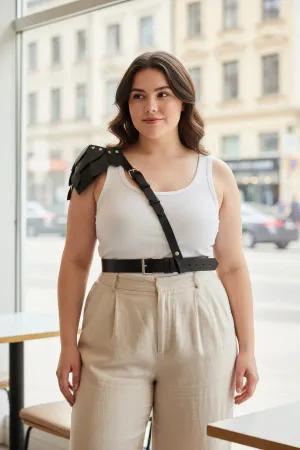 Black Faux Leather Shoulder Harness with Tiered Epaulette Worn by Woman