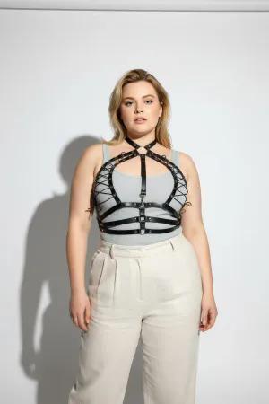 Black Faux Leather Halter Body Harness with Corset Lacing Adjustable Straps