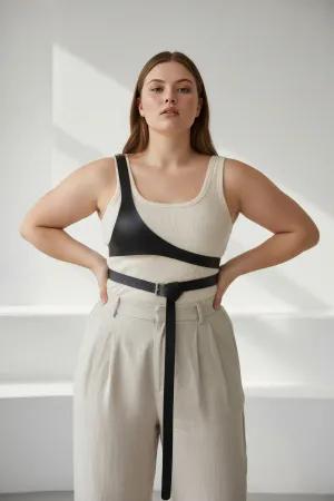 Asymmetric Faux Leather Body Harness Black with Long Dangling Belt Strap