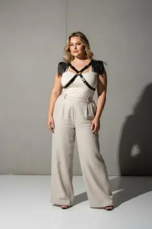 Black Faux Leather Fringed Shoulder Chest Harness Women with X-Straps