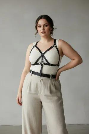 Black Faux Leather X-Strap Chest Harness with Silver Studs, adjustable fit