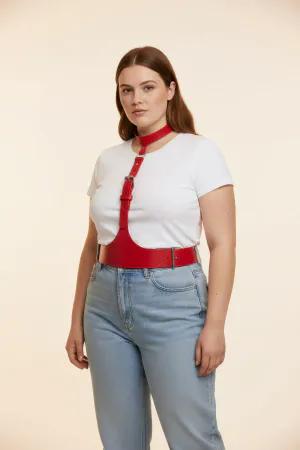 Red Vegan Leather Underbust Harness & Choker Set Adjustable Silver Buckles