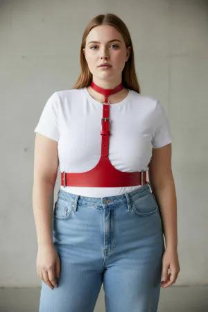 Red Vegan Leather Underbust Harness & Choker Set Adjustable Silver Buckles
