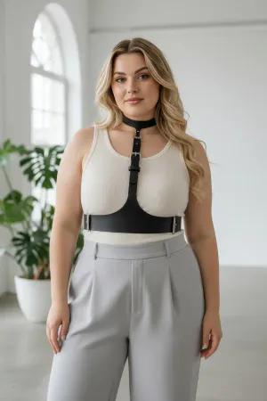 Black Faux Leather Choker Underbust Harness Worn Over White Camisole