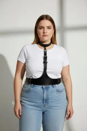 Black Faux Leather Choker Underbust Harness Worn Over White Camisole