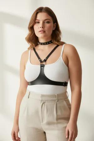 Black Studded Faux Leather Chest Harness with Integrated Choker, Adjustable Straps