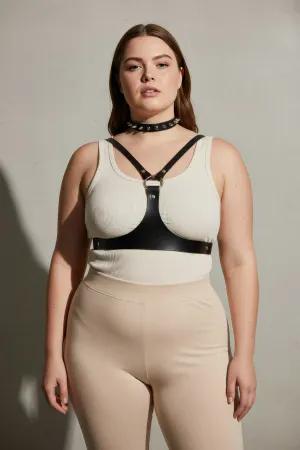 Black Studded Faux Leather Chest Harness with Integrated Choker, Adjustable Straps