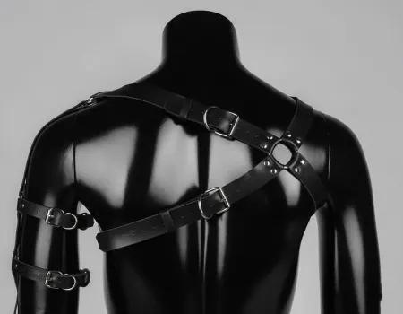 Black Vegan Leather Asymmetric Chest and Arm Harness Front View