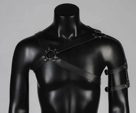 Black Vegan Leather Asymmetric Chest and Arm Harness Front View