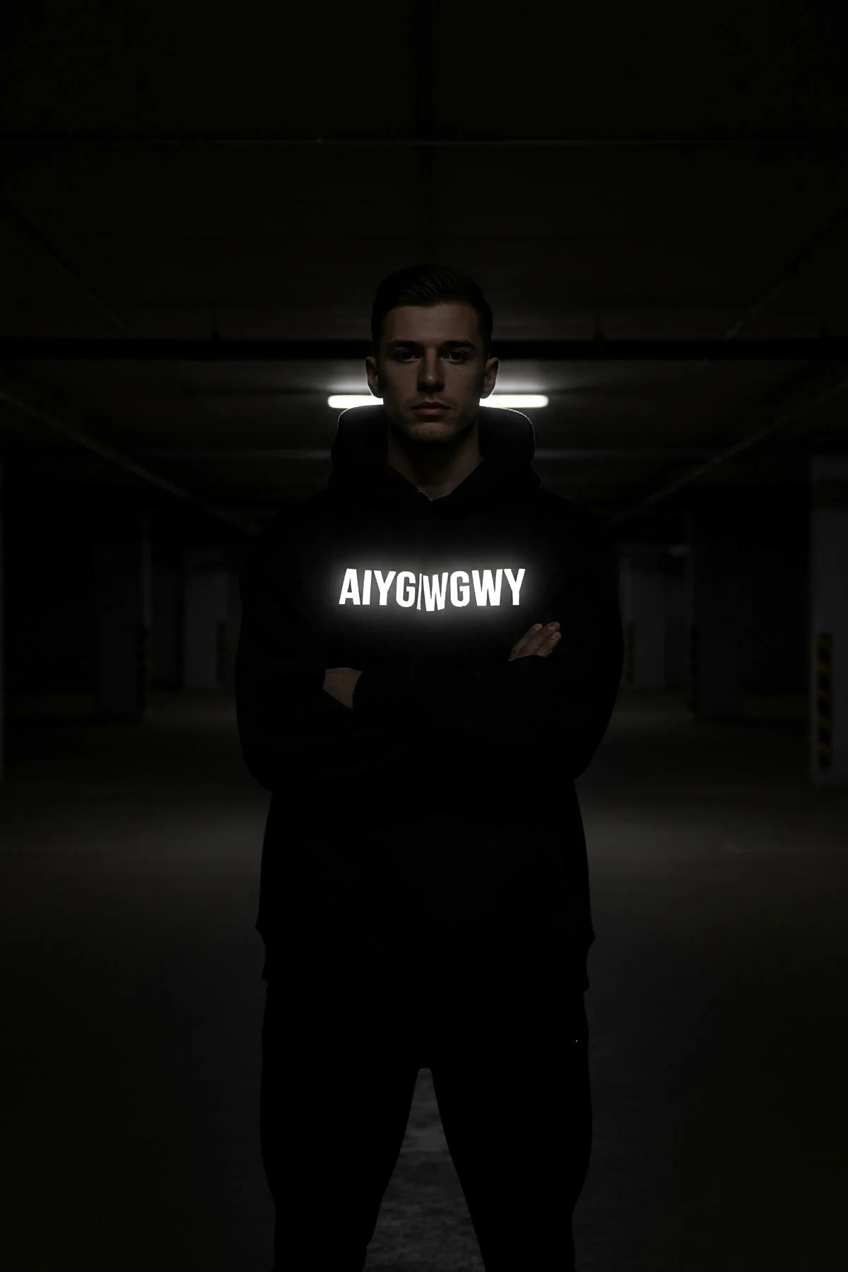 Black glow-in-the-dark hoodie with bold white reflective custom text on chest, worn in dark urban parking garage