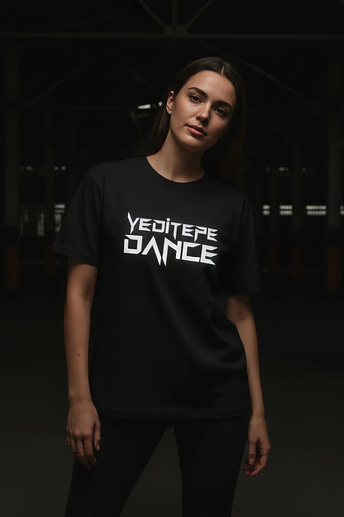 black oversized graphic t-shirt with white reflective Kültür Dance angular print on chest
