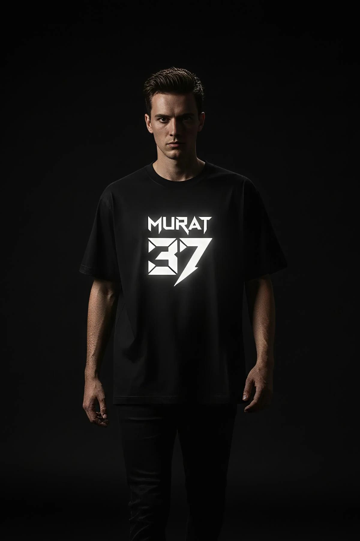 reflective print black oversized t-shirt white bold graphic lettering and numerals on chest front view