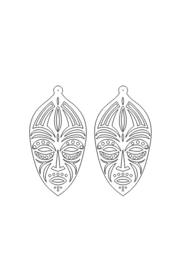 Siyah vegan deri lazer kesim Afrika maskı motifli etnik damla küpe, gümüş tıkna bağlantılı, 5-6 cm oval form