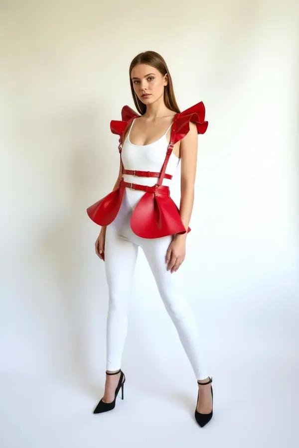 kırmızı suni deri peplum harness omuz fırfırlı ve bel tokalı, beyaz pantolon üstüne kombine
