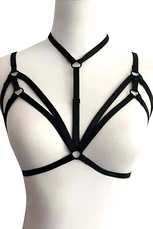 Siyah elastik göğüs harness choker boyunluk ve çoklu yelpaze şerit O-ring bağlantılı