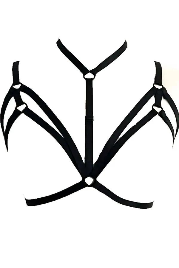 Siyah elastik göğüs harness choker boyunluk ve çoklu yelpaze şerit O-ring bağlantılı