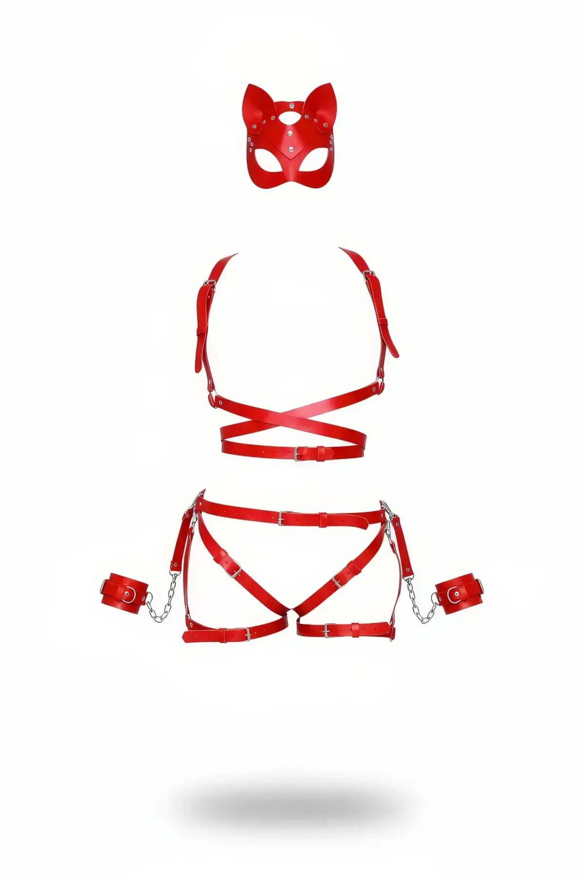 kırmızı vegan deri harness takım kedi maskesi göğüs haması bel haması gümüş zincirli bileklik 4 parça set