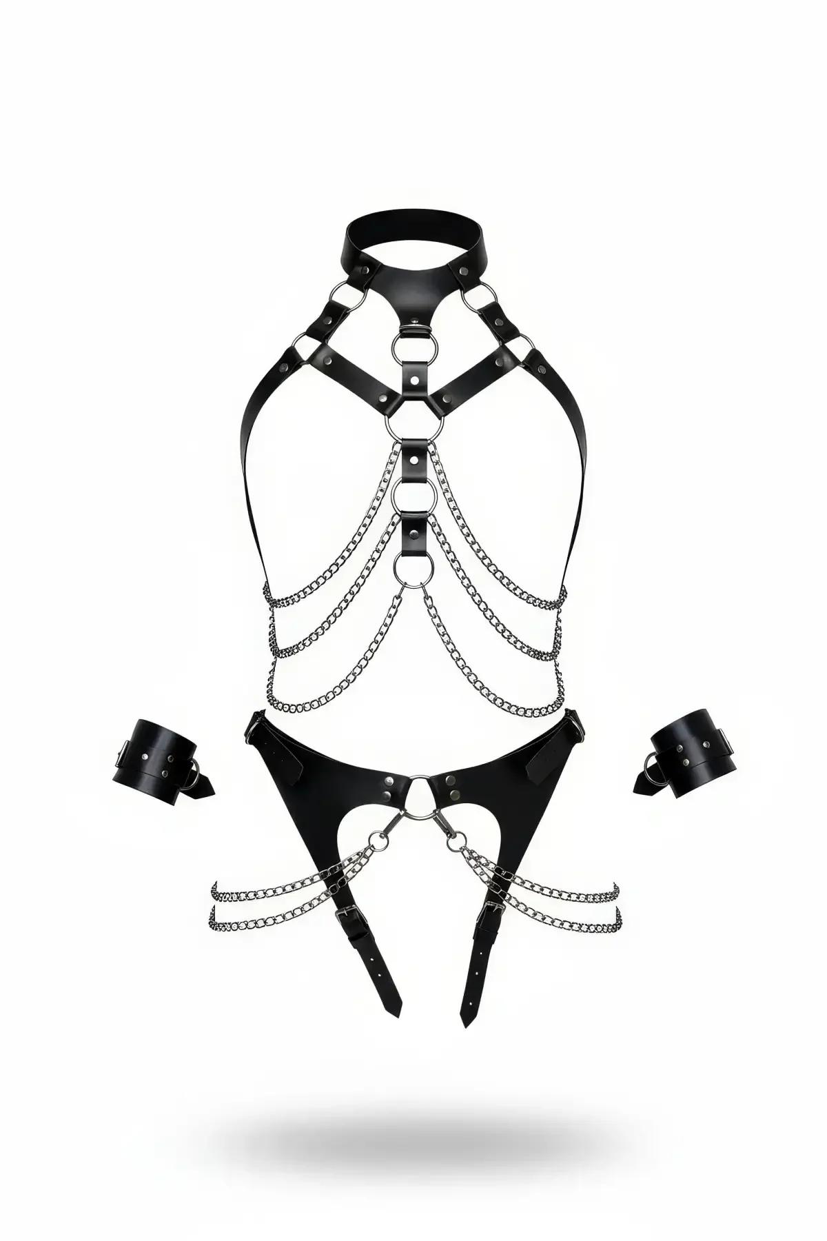 siyah vegan deri harness takım gümüş zincirli boyunluklu bileklik seti düz yayılmış görünüm