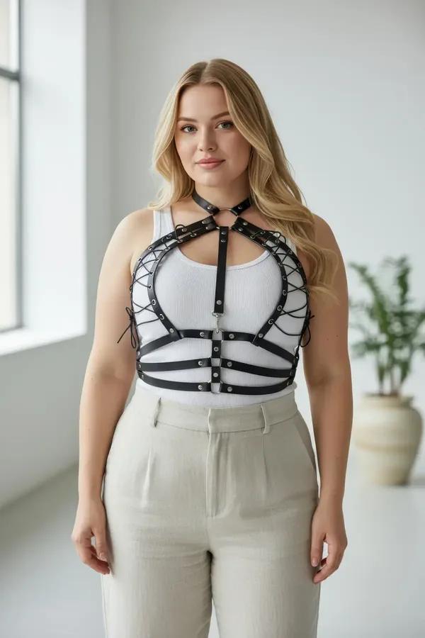 büyük beden siyah vegan deri korse tarzı harness çapraz bağcıklı gümüş metal toka detaylı