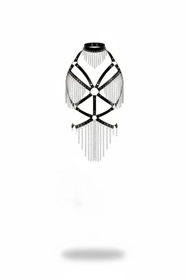 Siyah vegan deri body harness choker yaka gümüş zincir saçaklı O-ring detaylı aksesuar