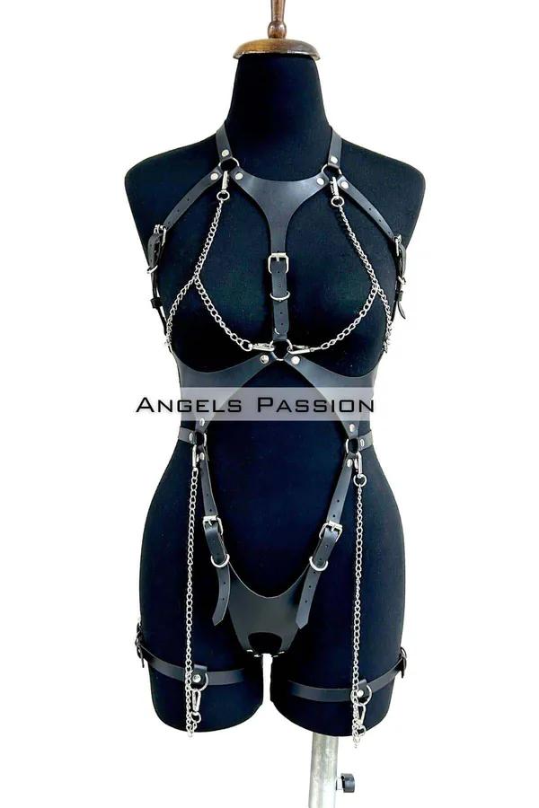 siyah vegan deri body harness gümüş zincir uyluk kelepçeli fantezi iç giyim tam vücut