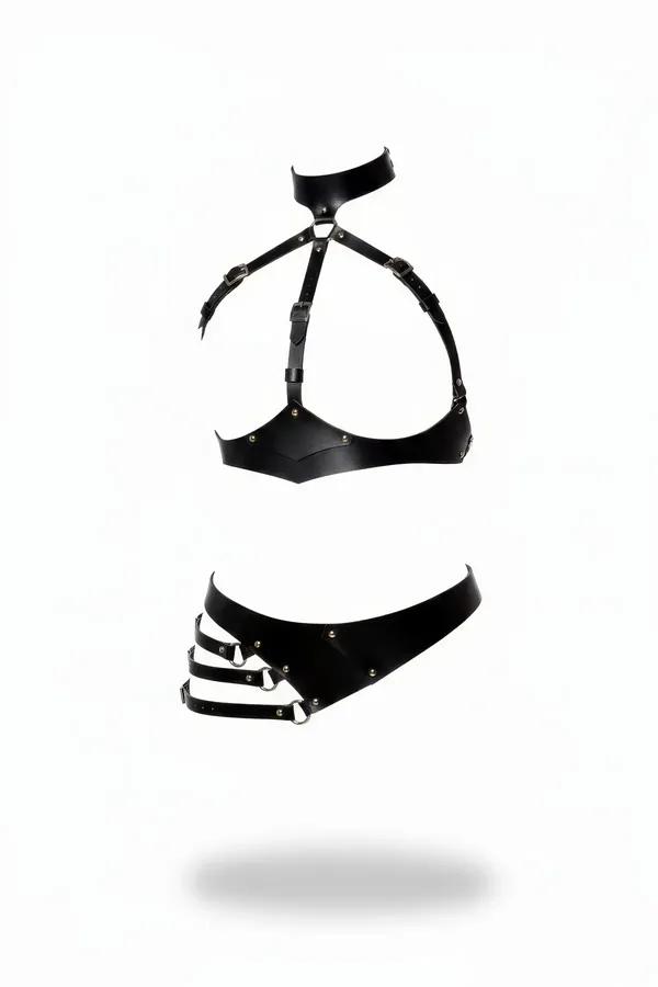siyah vegan deri harness takım boyunluklu üst harness ve üç bantlı alt harness gümüş metal toka perçin