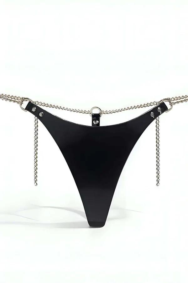 siyah vegan deri tanga harness gümüş zincir bel aksanı O-ring perçin detayı