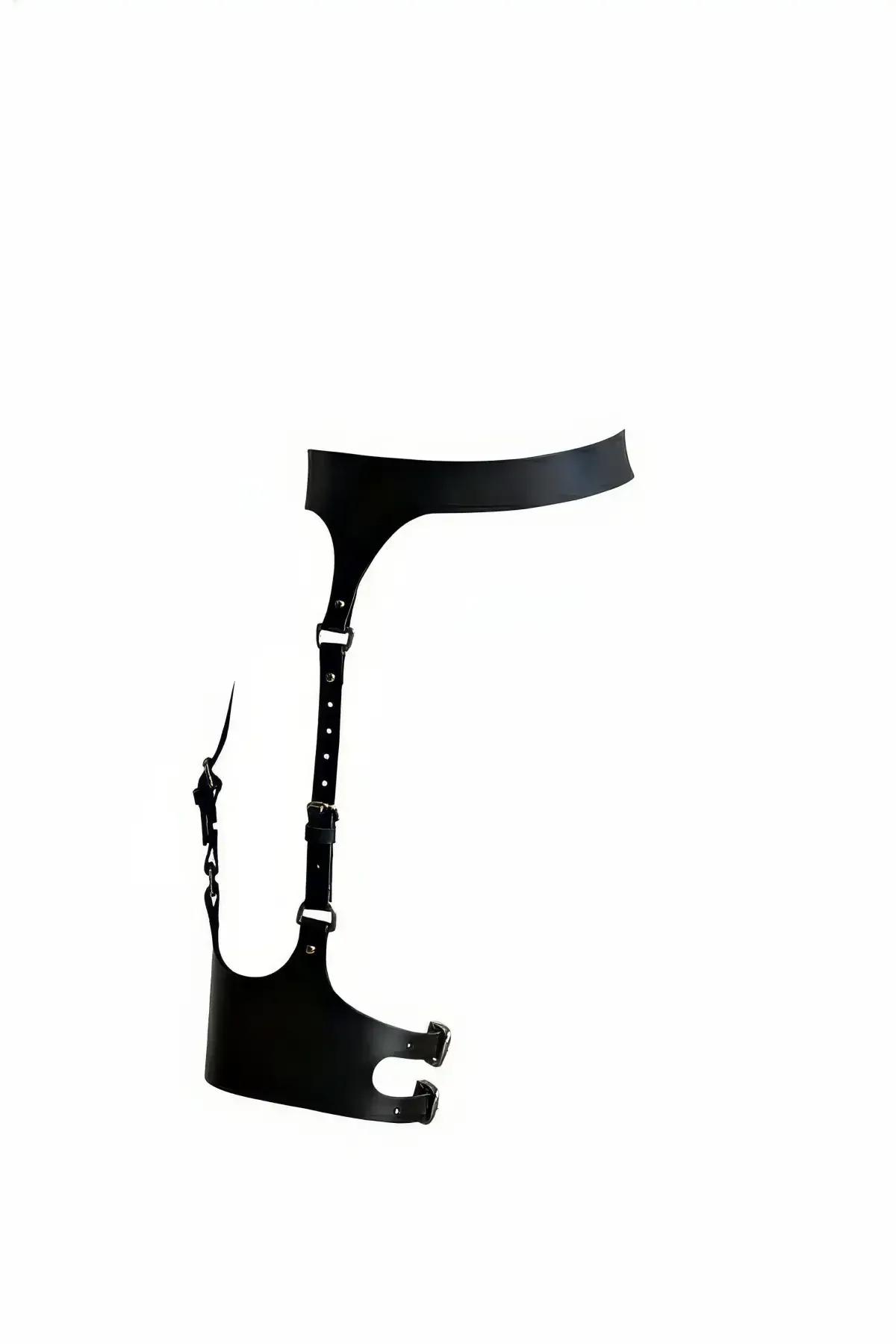 siyah faux leather tek bacak jartiyer harness geniş bel bandı gümüş tokalı asimetrik panel