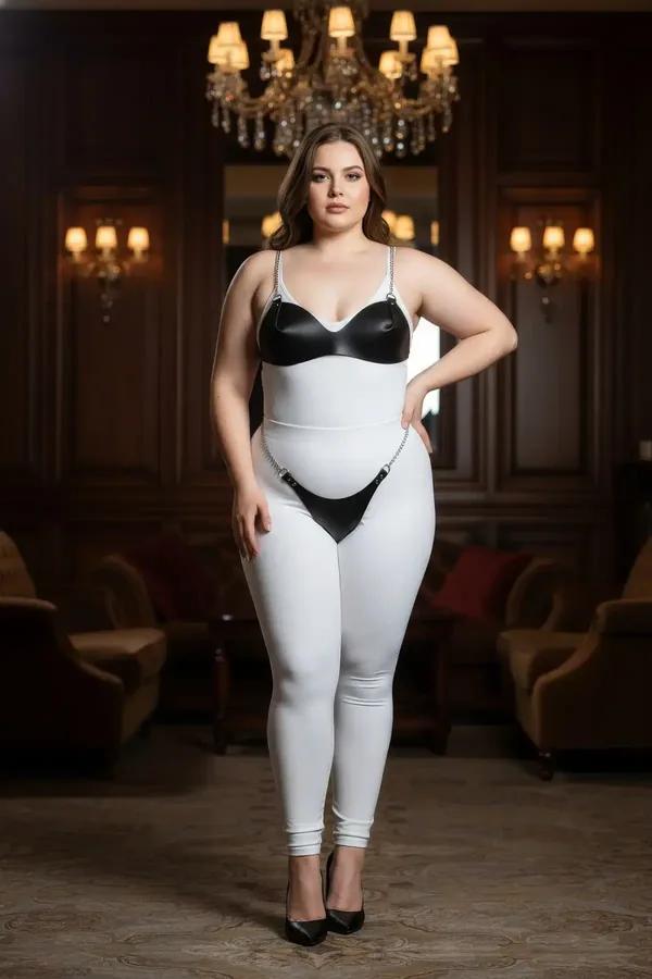 black faux leather bra and garter harness set with silver chain accents worn over white leggings, two-piece intimate fashion