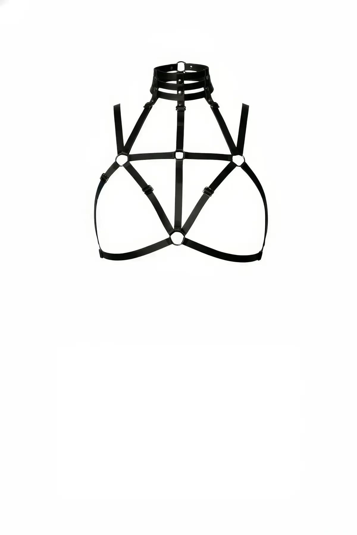 siyah elastik kafes bralet harness yüksek yaka çift bantlı choker gümüş O halkalar geometrik şerit