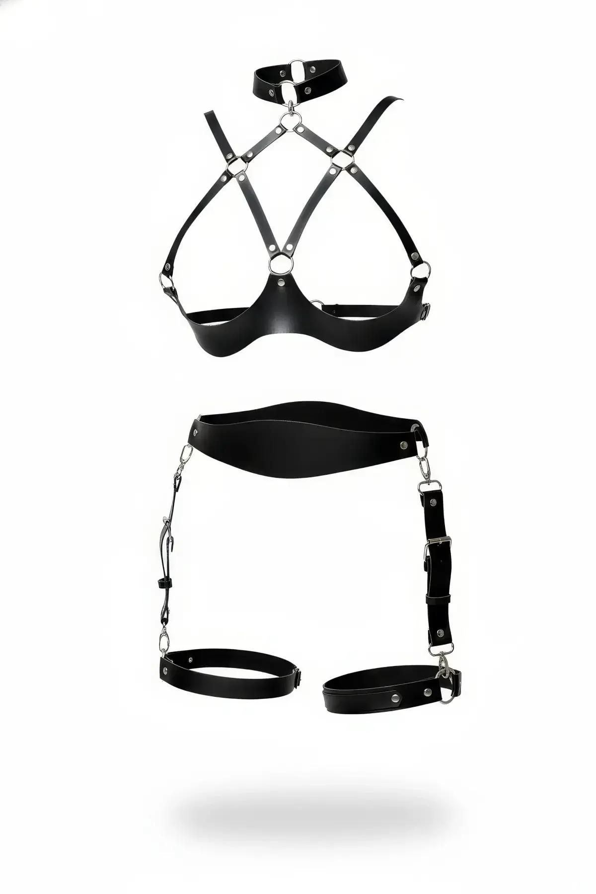 Siyah vegan deri harness takım choker sütyen harnessı ve gümüş halkalı bacak askılı bel harnessı