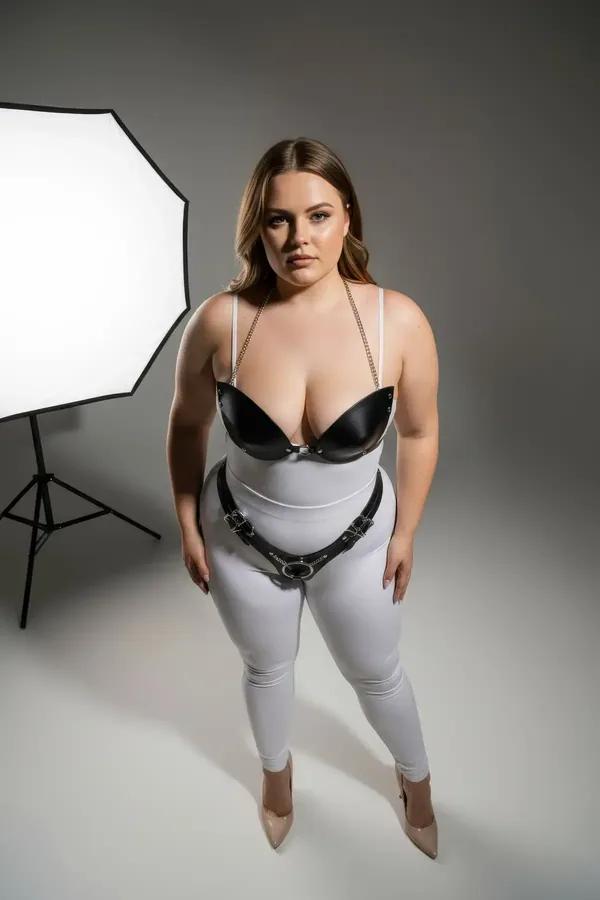 black faux leather bra harness with gold chain straps and silver O-ring waist belt worn on plus-size model