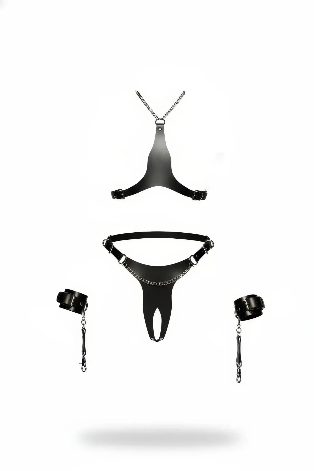 siyah vegan deri harness takım zincir detaylı 4 parça: üst harness, alt harness ve iki bilek kelepçesi gümüş krom kancalı