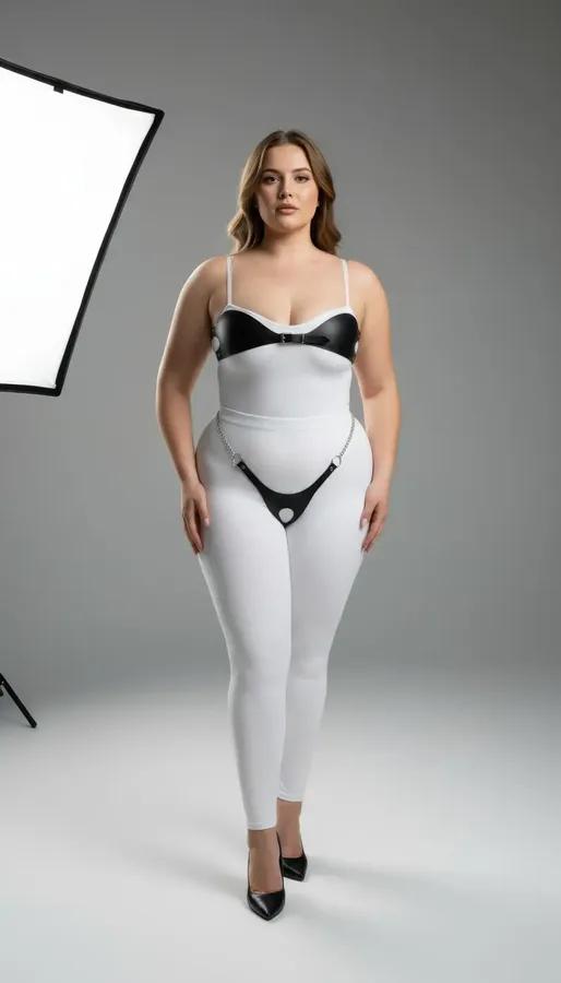 black faux leather harness set with silver chain and O-ring waist belt, structured bra top, two-piece intimate fashion