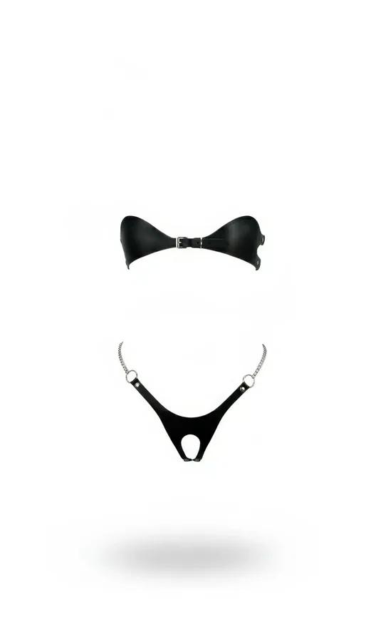 siyah suni deri strapless bralet ve gümüş zincirli harness alt takımı, iki parçalı set