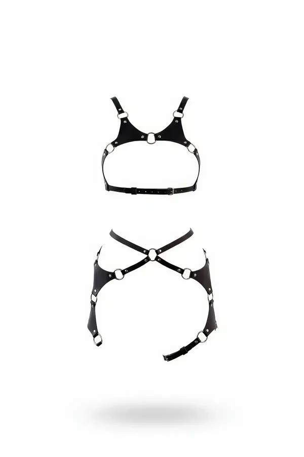 Siyah vegan deri harness takım O-halkalı göğüs bandı ve kalça+uyluk bandı gümüş toka ile