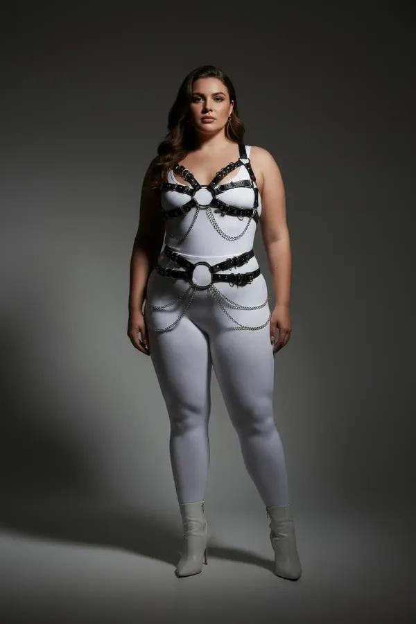 büyük beden siyah vegan deri harness takım gümüş zincir ve O-halka detaylı 2 parça set XL