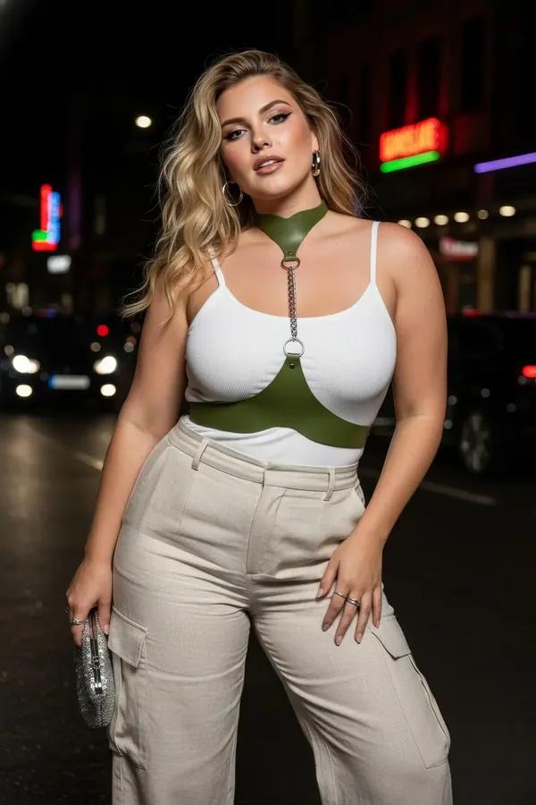 Olive green faux leather chest harness with silver chain and O-ring choker detail worn over white tank top