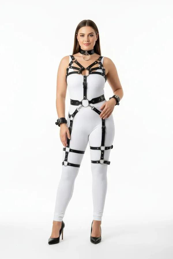black vegan leather full body harness set with chest cage straps, O-ring waist belt, thigh and calf leg garters, silver buckl