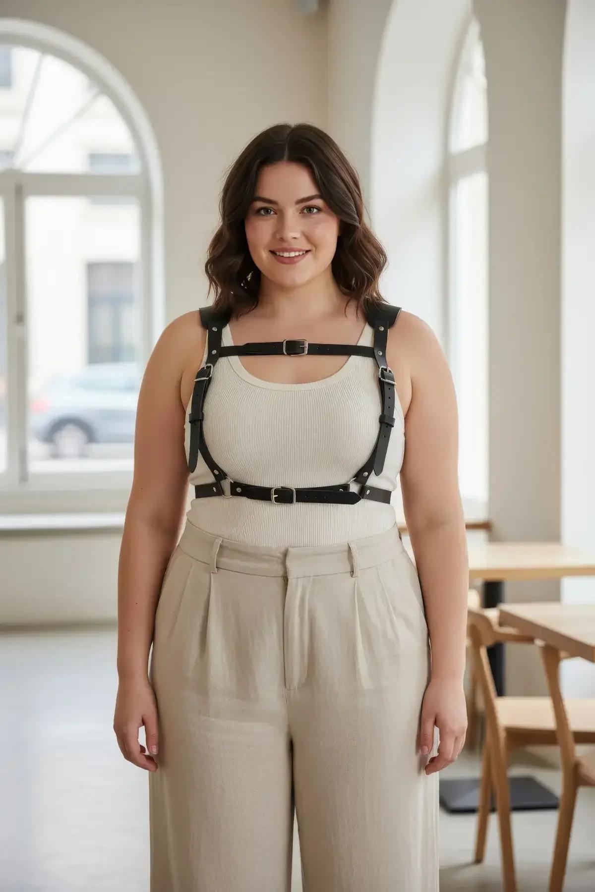 black faux leather caged chest harness with four silver-tone buckles worn over cream ribbed tank top plus-size model