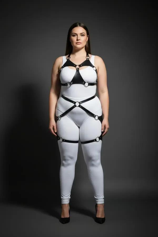 siyah vegan deri büyük beden harness takım gümüş O-halka detaylı jartiyerli uyluk bantlı