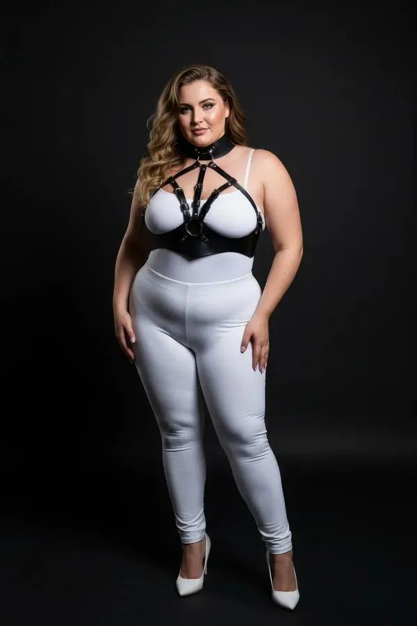 büyük beden siyah vegan deri harness takım yüksek yakalı boyunluk bantlı gümüş O-halka detaylı omuz askılı göğüs aksesuar