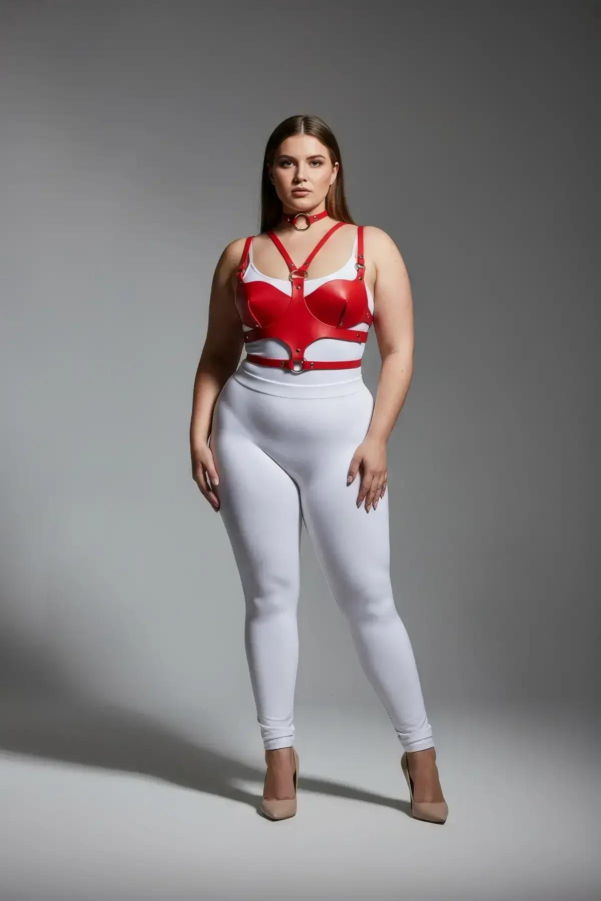 red faux leather chest harness with molded cups and integrated silver O-ring choker worn by plus-size model